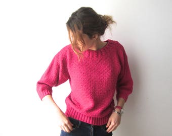 Pink Knitted Blouse 90's Top Women's Quarter Sleeves Summer Sweater Party Festival Top Size Medium Pink Romantik Jumper