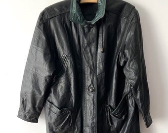 Vintage Women's Leather Parka Coat Black Leather Coat Medium size Leather Long Jacket Genuine Leather Grandma Jacket 90s leather coat