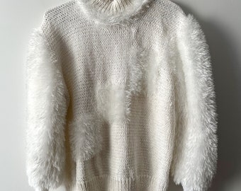 90s white fuzzy sweater Hand knitted Sweater Fringe Fuzzy Knitted Jumper Medium Size Hipster Sweater Vintage Pullover Club Kid Puffy Sweater