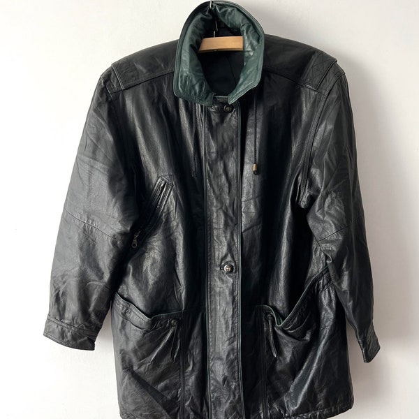 Parka en cuir pour femme vintage manteau en cuir noir taille moyenne veste longue en cuir veste grand-mère en cuir véritable des années 90 manteau en cuir