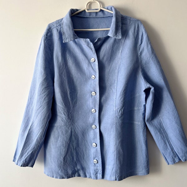 Vintage Women linen shirt Long sleeve button down linen top Blue linen summer jacket Large to extra large size linen blouse