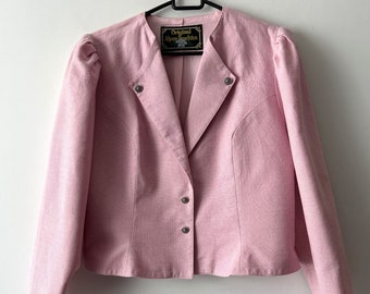 Vintage Copped Dirndl Jacket Women German Loden Trachten Cardigan Traditional Bavarian Blazer Austrian Tyrolean Size Large Pink Jacket