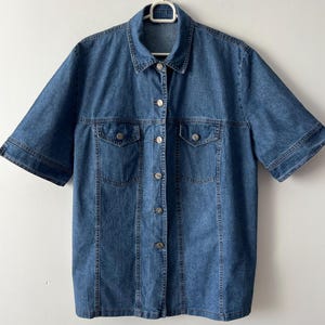 Camicia vintage da donna in denim blu western con bottoni, manica corta, taglia extra large, comoda camicia in denim per tutti i giorni, camicia ranch