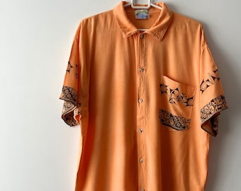 Vintage Mens Short Sleeve Shirt Peach Abstract Print Viscose Shirt Bohemian Summer Singlet Button Up Hipster Shirt Size Medium/Large Shirt