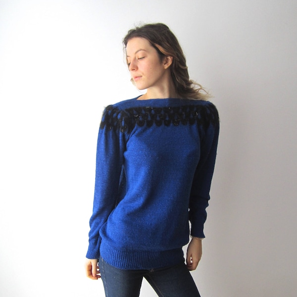 Pull bleu royal vintage, mélange de coton et viscose, pull bleu pour femme, pull étudiant romantique, petite à moyenne taille