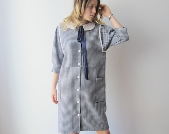 Vintage dames blauw witte jurk lente herfst jurk 3/4 mouw button down jurk jaren '70 jaren '80 shirtjurk groot formaat warme midi kantoordamejurk