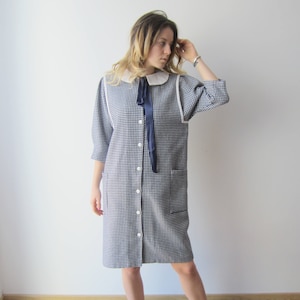 Vestido feminino vintage azul branco primavera outono vestido manga 3/4 botão vestido camisa 70s 80s tamanho grande vestido midi quente para senhora de escritório