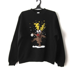 Rudolph Christmas Jumper Vintage Black Happy Rudolph Print Christmas Pullover Winter Funny Sweater Unisex Ugly Party Sweater Size Large