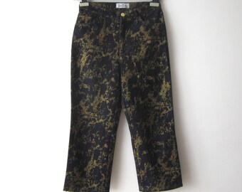 Betty Barclay Capris Pants Patterned Denim Pants Vintage Blue Golden Trousers Comfortable Festival Clothing Denim Pants Size Medium