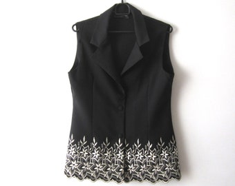 Vintage Elegant Women's Black Vest Embroidered Flowers Vest Size Medium Secretary Waistcoat Black Long Vest