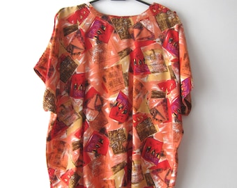 Vintage gemustert Komfortable Damen Shirt Kurzarm Bluse Größe L Viskose Mischung Sommer Top Abstrakt Print Festival Shirt
