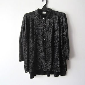 Vintage New Years Party Blouse 80s Evening Shirt 3/4 Sleeve Top Black Silver Metallic Shiny Blouse Retro Shirt Disco Party Blouse Size small
