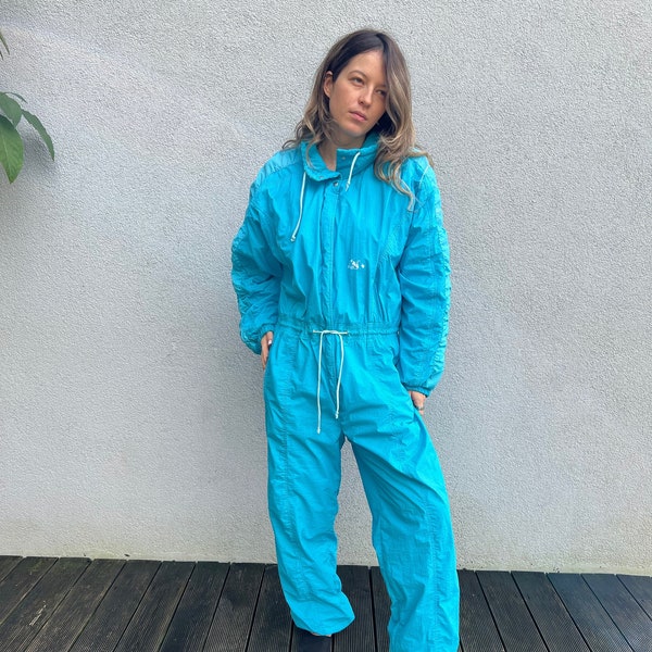 Vintage 90's Women's Ski Suit Luhta One Piece Jumpsuit Retro Snowsuit Hipster Winter Sport Jumpsuit Turquoise Skiing Suit Size Large to XL