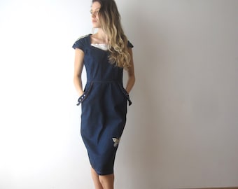 Vintage-Denim-Kleid Bodycon-Denim-Kleid Ärmellose Denim Jeans Kleid Navy Grunge-Denim-Kleid Kleine bis mittlere Größe Gestickte Denim-Kleid