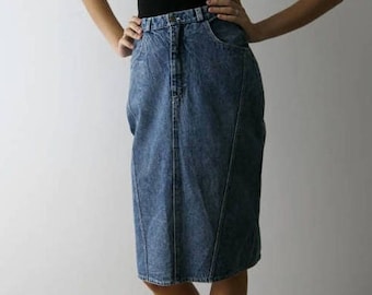 Vintage 90s Washed Out Denim Midi Skirt Acid Wash High Waist Pencil Skirt Size Small