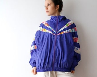 Vintage Sport Jacket Purple Blue Windbreaker Unisex Thin Bomber Jacket Large To Extra Large Hipster Jacket Cropped Jacket