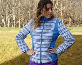 Chaqueta de esquí vintage con estampado azul y blanco, chaqueta de nieve, ropa deportiva de invierno, chaqueta de esquí retro de los años 80, talla pequeña