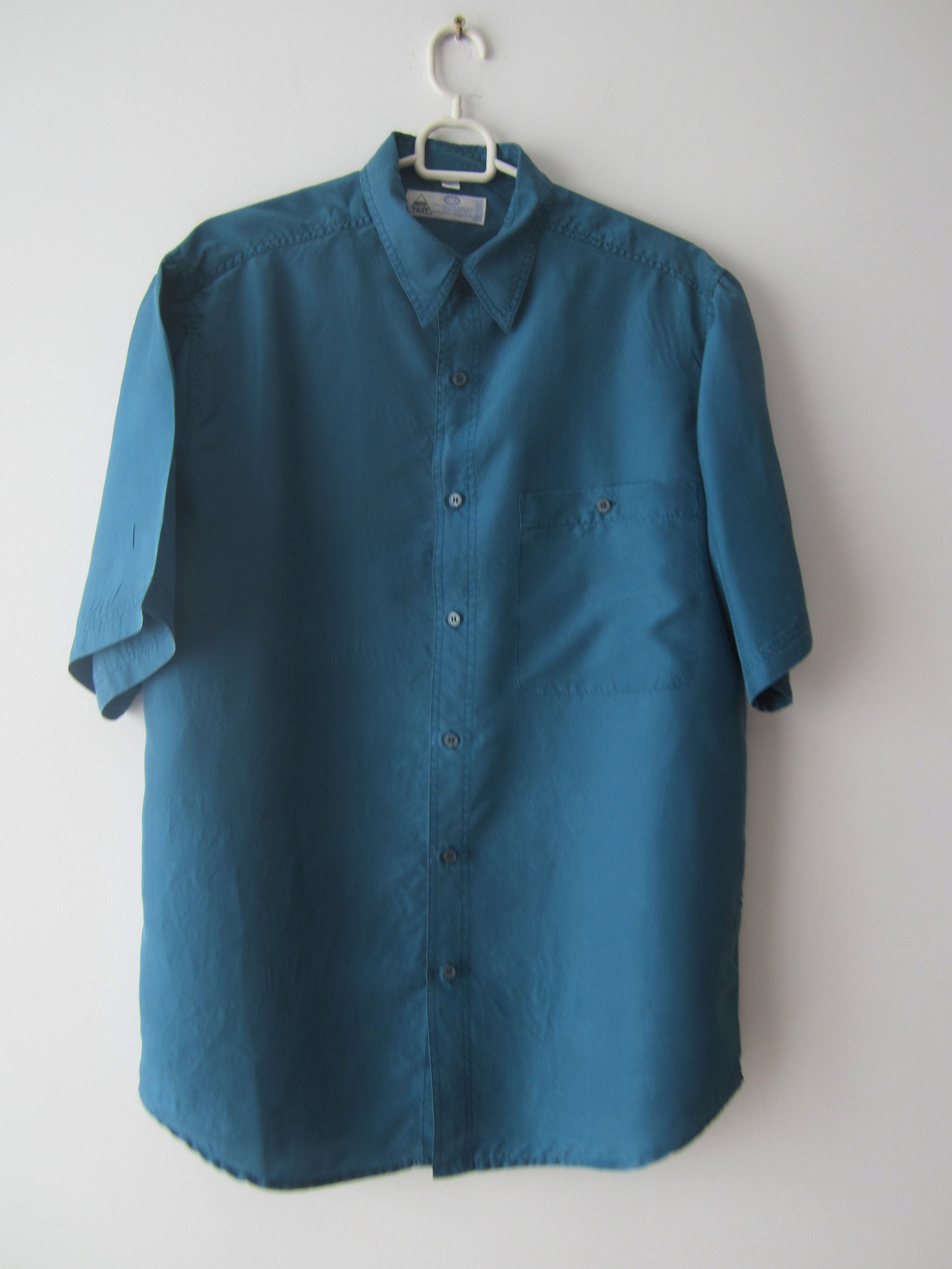 Vintage Men's Silk Shirt Sea Blue Short Sleeve Silk Shirt Etsy