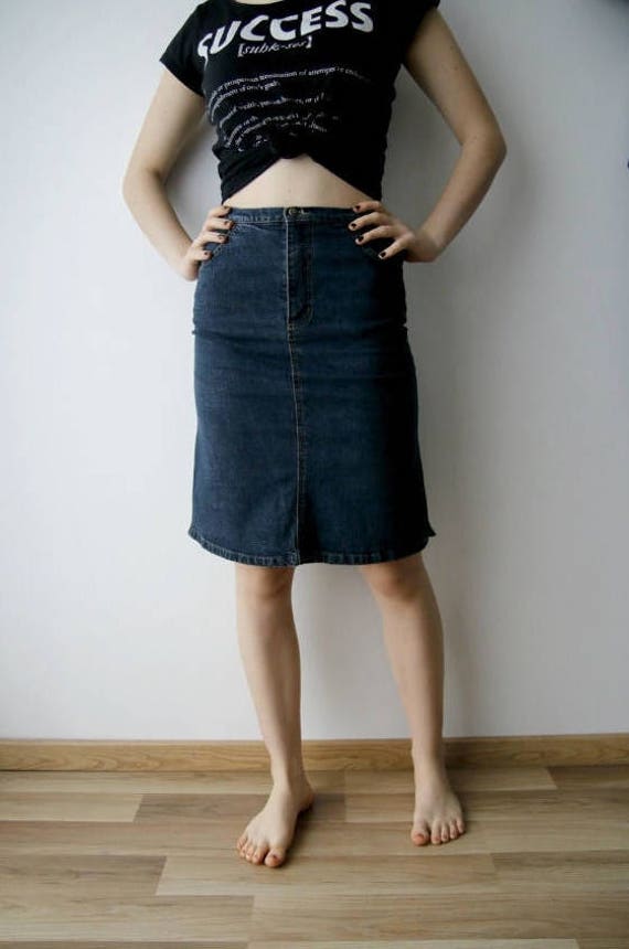 high waisted denim skirt knee length