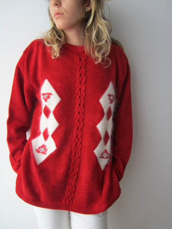 Diamond Pattern Sweater Angora blend Red Sweater … - image 6