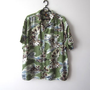 Vintage Mens Short Sleeve Shirt Palms Print  Bohemian Summer Singlet Button Up Beach Shirt Size Large Green Patterned Shirt Hawaiian Shirt