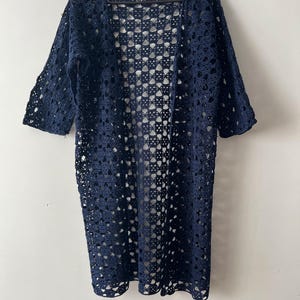 Vintage Hand crocheted long cardigan Womens Navy blue cardigan without closure Crocheted festival top with 3/4 sleeve Size Small