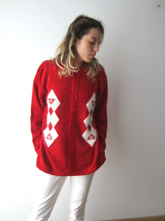 Diamond Pattern Sweater Angora blend Red Sweater … - image 1