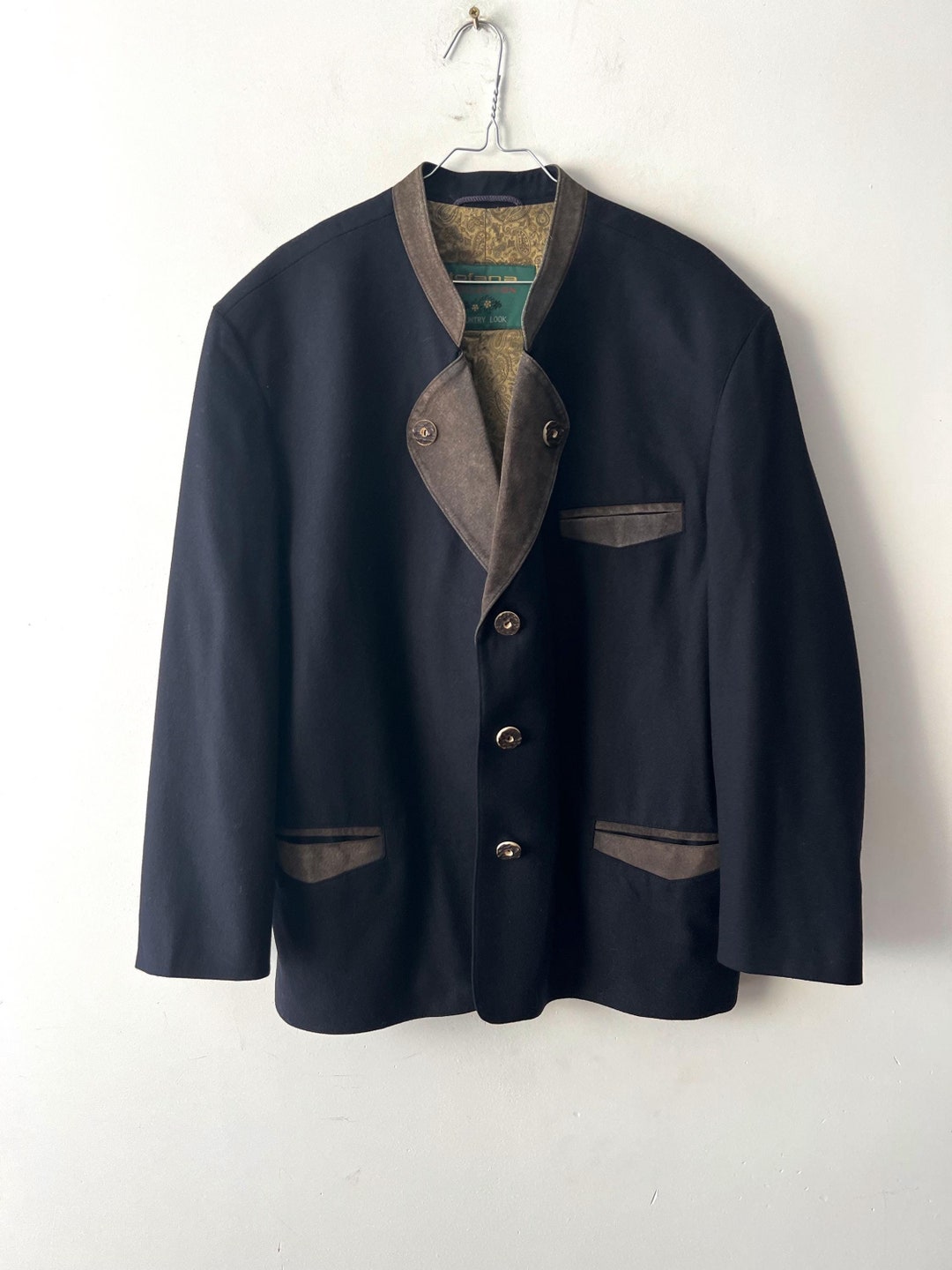 Navy Wool Bavarian Jacket with Brown Collar