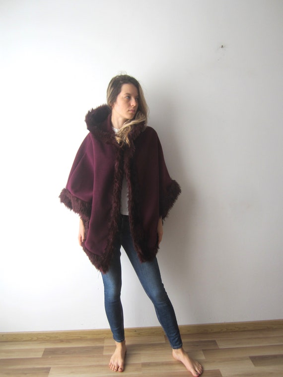Vintage Wool Cloak Burgundy Cape Coat With Hooded