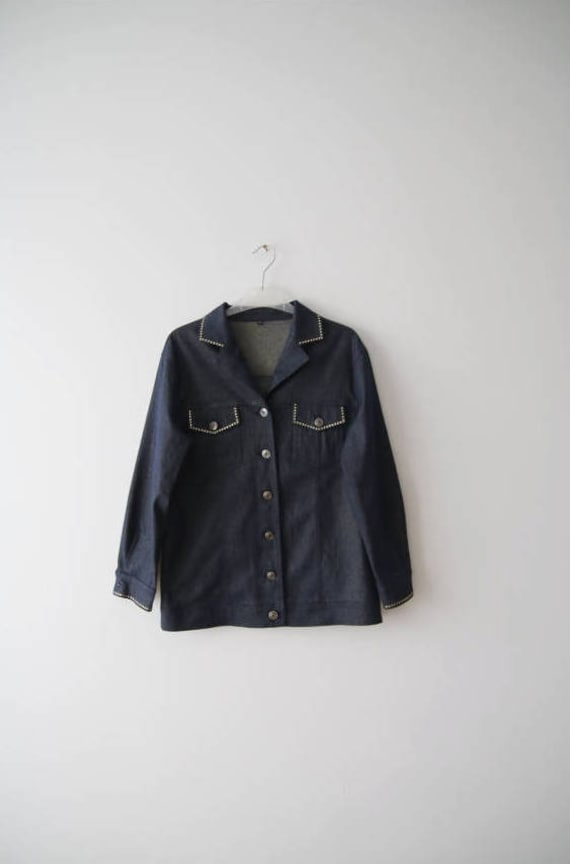 Vintage Dark Blue Soft Denim Shirt Button Up Long Sleeve Blouse Medium Size Shiny Jeans Blouse