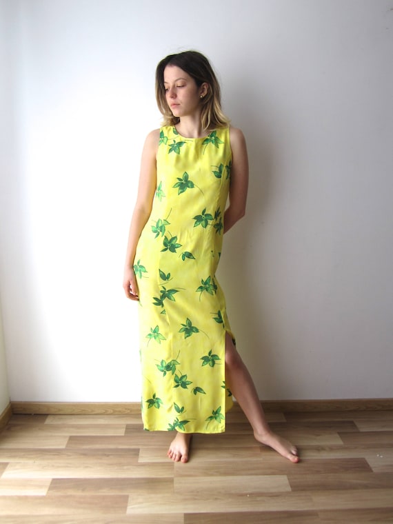 Vintage Viscose Dress Lemon Yellow Summer Dress Sleeveless Maxi Dress Holiday Beach Dress Small to Medium Size Ladies Dress Festival Dress