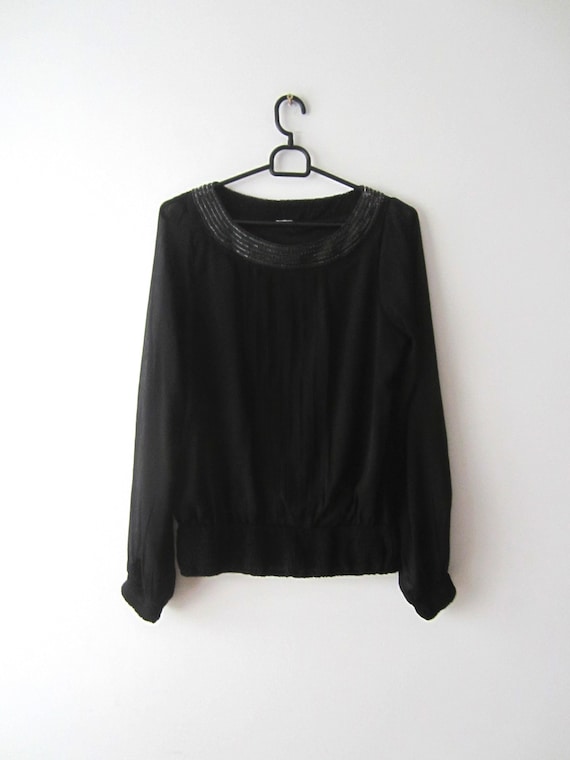 Women's Black Formal Blouse Long Sheer 