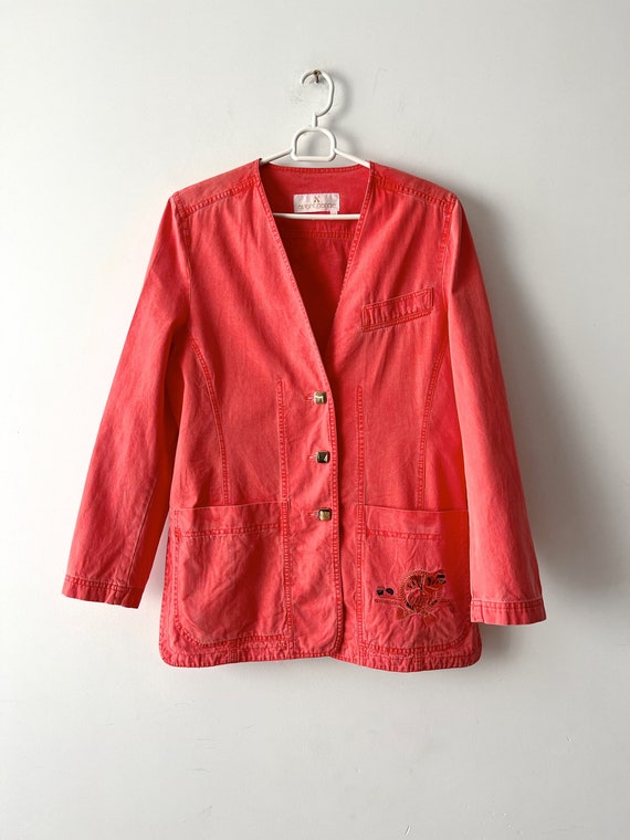 Vintage Orange Denim Jacket Button down Soft denim Jacket Long Sleeve Jeans Shirt Medium Size denim golf jacket Embroidered denim jacket