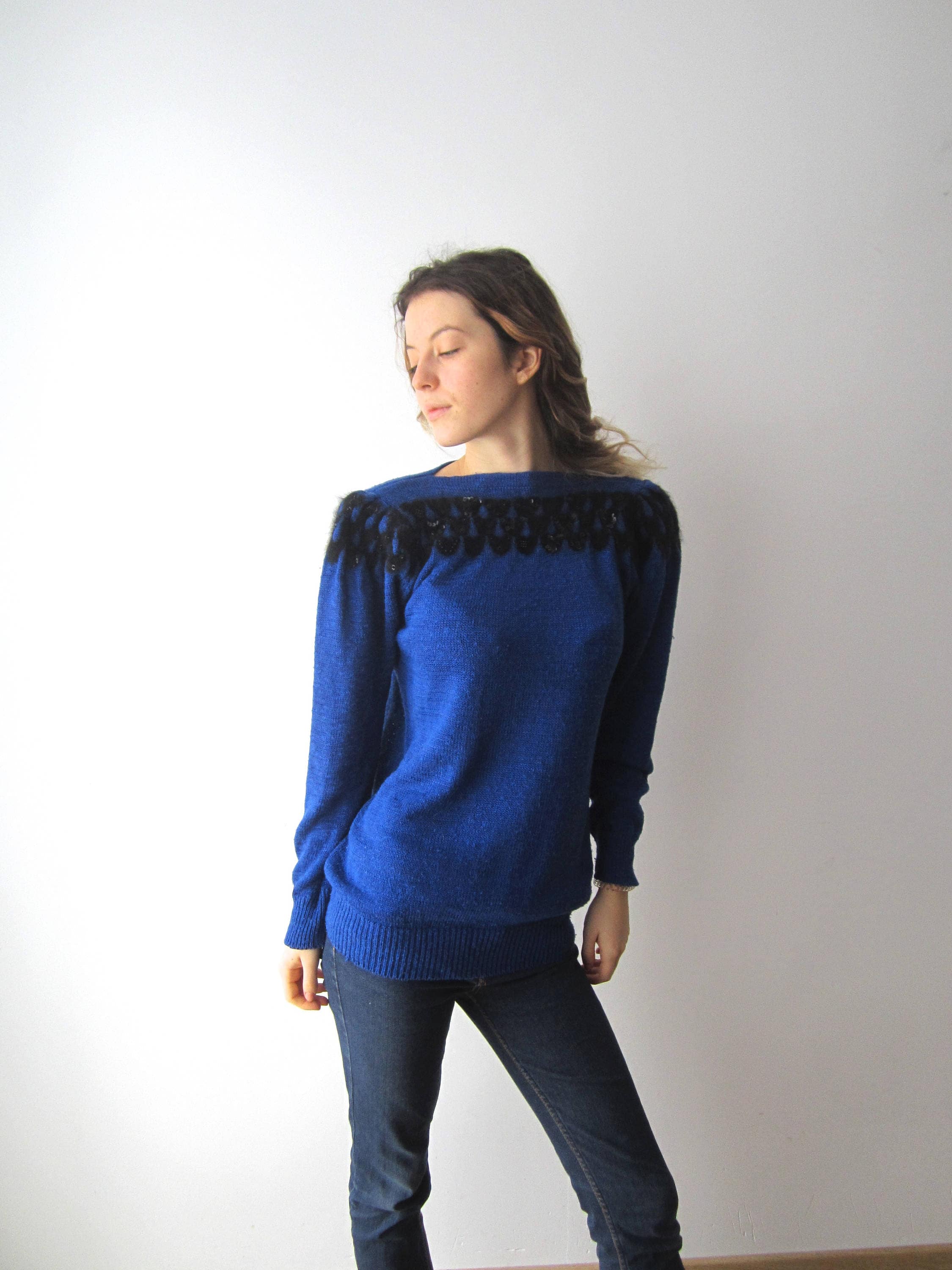 Vintage gestreepte trui womens royal wol blend boot hals blauw maat medium Kleding Dameskleding Sweaters Pullovers 