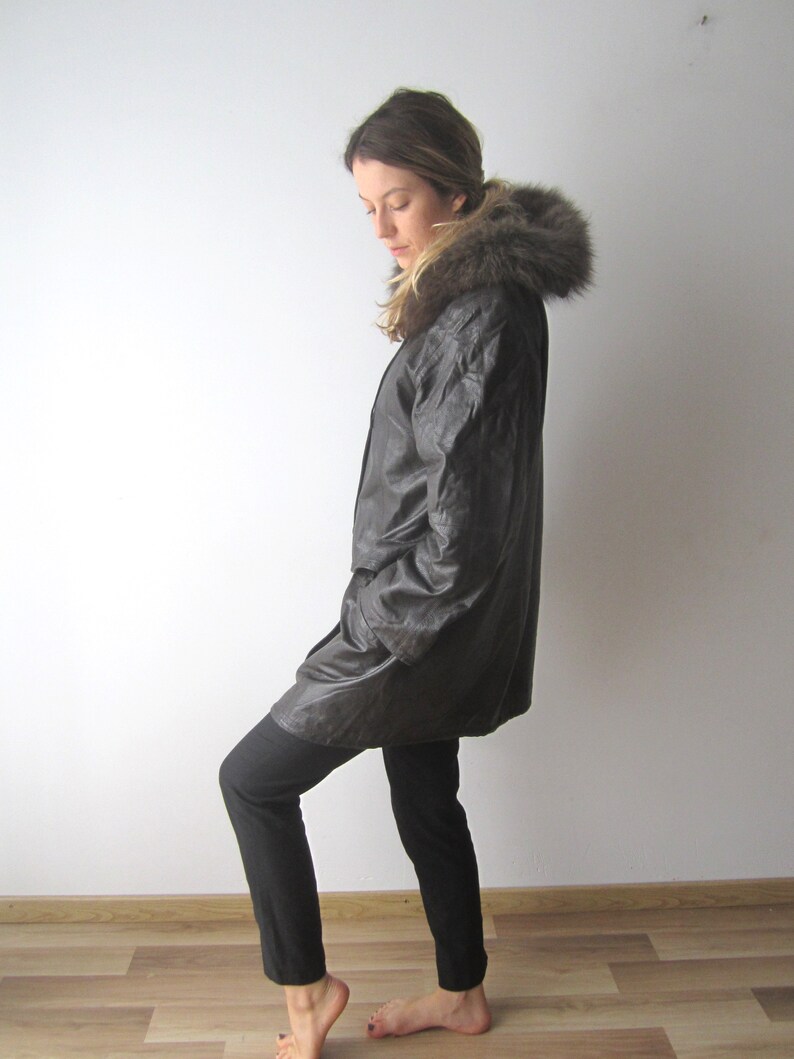 Vintage damesleer Parka Jas bruine leren jas met capuchon Etsy