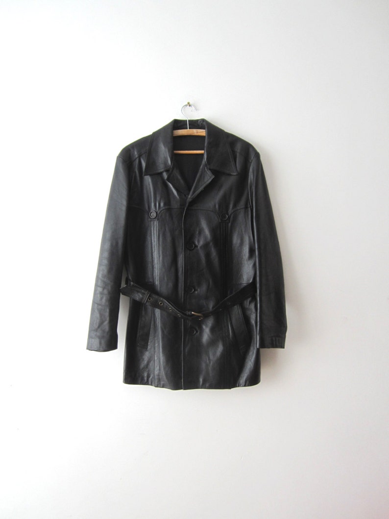 Vintage Mens Genuine Leather Jacket Short Coat Hipster Grunge Trench Small Medium Size Black Outerwear