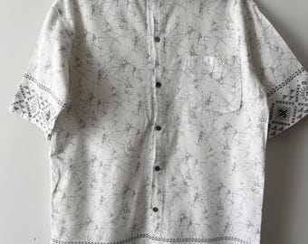 Vintage Mens Short Sleeve Shirt Grandpa Vacation Shirt Bohemian Summer Singlet Button Up Size Medium Patterned White abstract print shirt