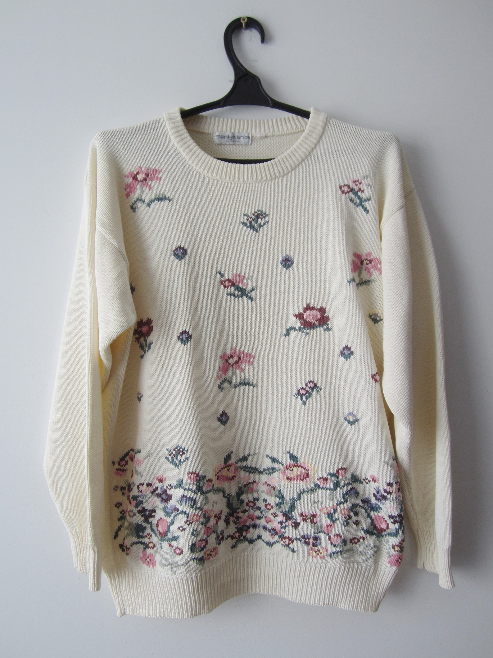 Vintage Embroidered Floral Sweater 80s-90s Cotton Knitted - Etsy