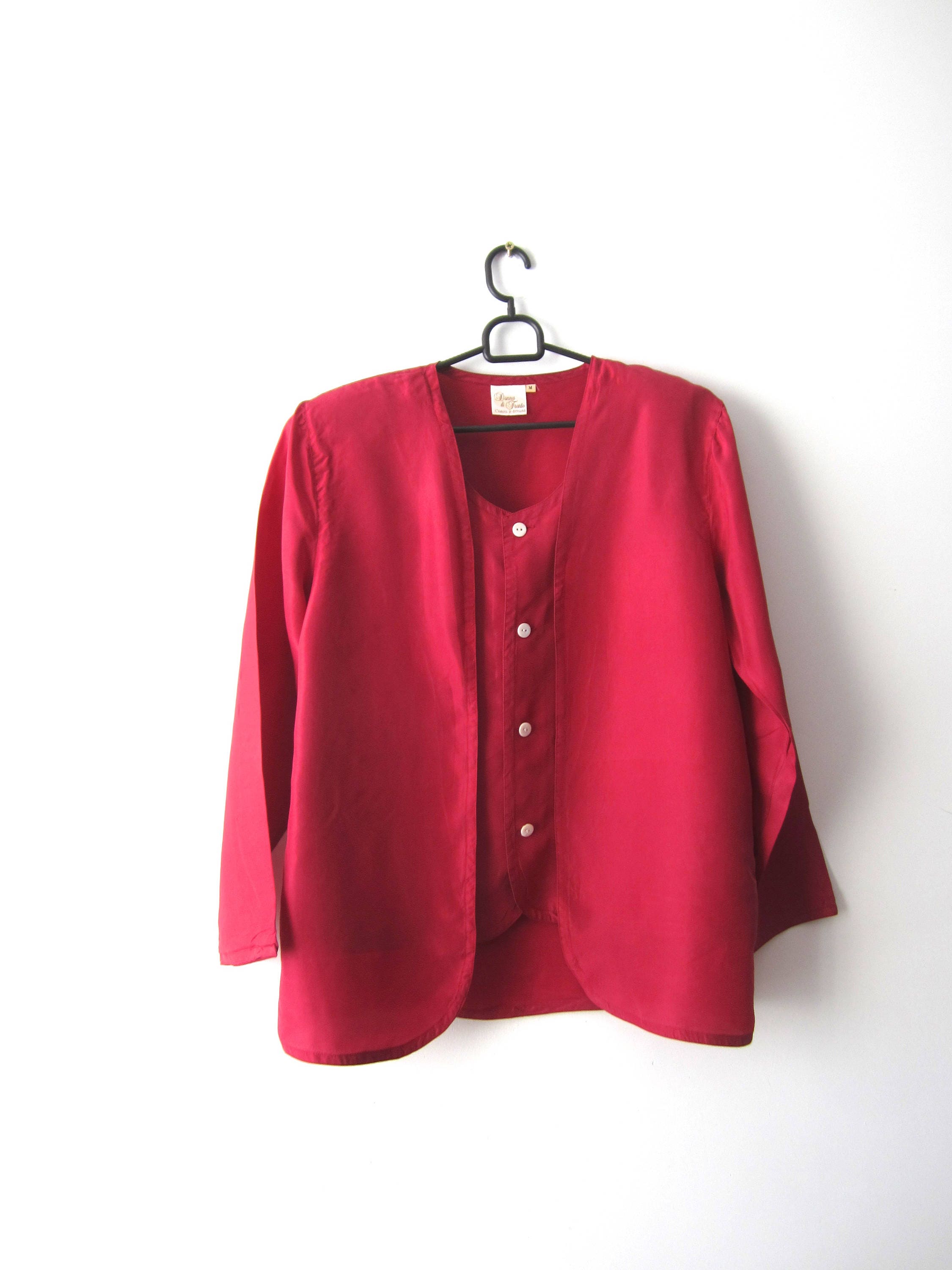 Vintage Womens Silk Shirt Red Long Sleeve Button Up Shoulder Pads Blouse Medium Size Red Silk Blouse Comfortable Women's Shirt