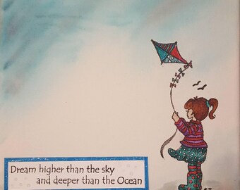 Girl flying kite on canvas