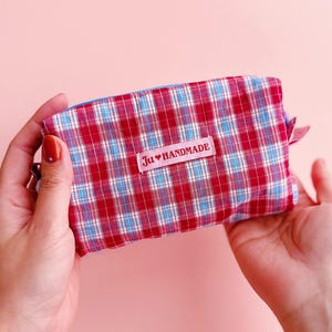 Y2K Gingham Camera Pouch, Handmade Small Wallet Pouch, Handbag Organizer, Cute bag for camera, Korea Cotton Fabric