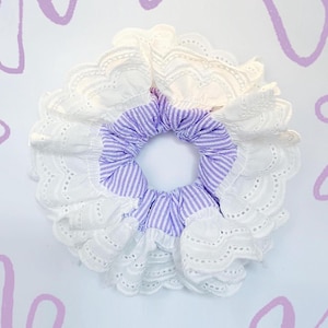 Spring Purple Stripe Double layer Scrunchies, Broderie Anglaise Scrunchies for Summer, Giant Scrunchies Ruffled Scrunchies gifts for her