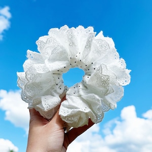 Polka dots Double layer Scrunchies, French style Broderie Anglaise Scrunchies, Giant Scrunchies Jumbo Ruffled Scrunchies gifts for her
