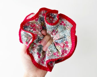Giant Scrunchies, French Style Scrunchies, Red Floral Hair Ties, Double layer Scrunchies, Giant Scrunchies for Summer, Spring scrunchies