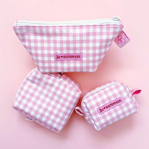 Pink Gingham Square make up Bag | Small Travel Organizer pouch | Make Up Pouch Set