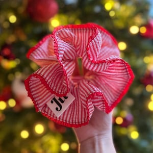 Oversized Red Stripy Scrunchies, Double layer Stripe Scrunchies, Holiday Scrunchies for her Valentines gifts , Red Jumbo hair tie