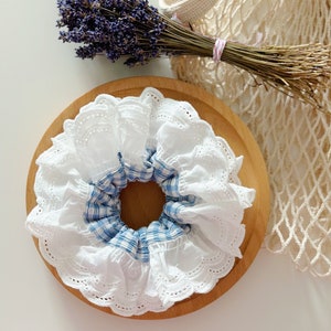 French style Broderie Anglaise Scrunchies, Blue Gingham Double layer Scrunchies, Giant Scrunchies Jumbo Ruffled Scrunchies gifts for her