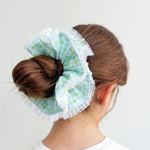 Large Double layer Scrunchies, Oversized Blue Gingham Scrunchies, Statement Frilly Scrunchies for summer Luxury Scrunchies Handmade in UK