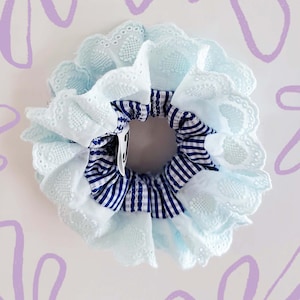 Blue Gingham Broderie Anglaise Scrunchie: Handmade Cotton Hair Tie