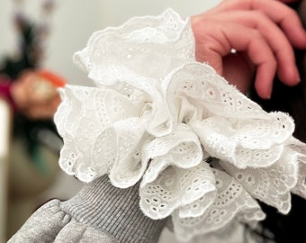 Broderie Anglaise Oversized Scrunchies, Double layer Scrunchies, Valentine gift, Large French style Scrunchies for Bun, Bridal Shower Gift